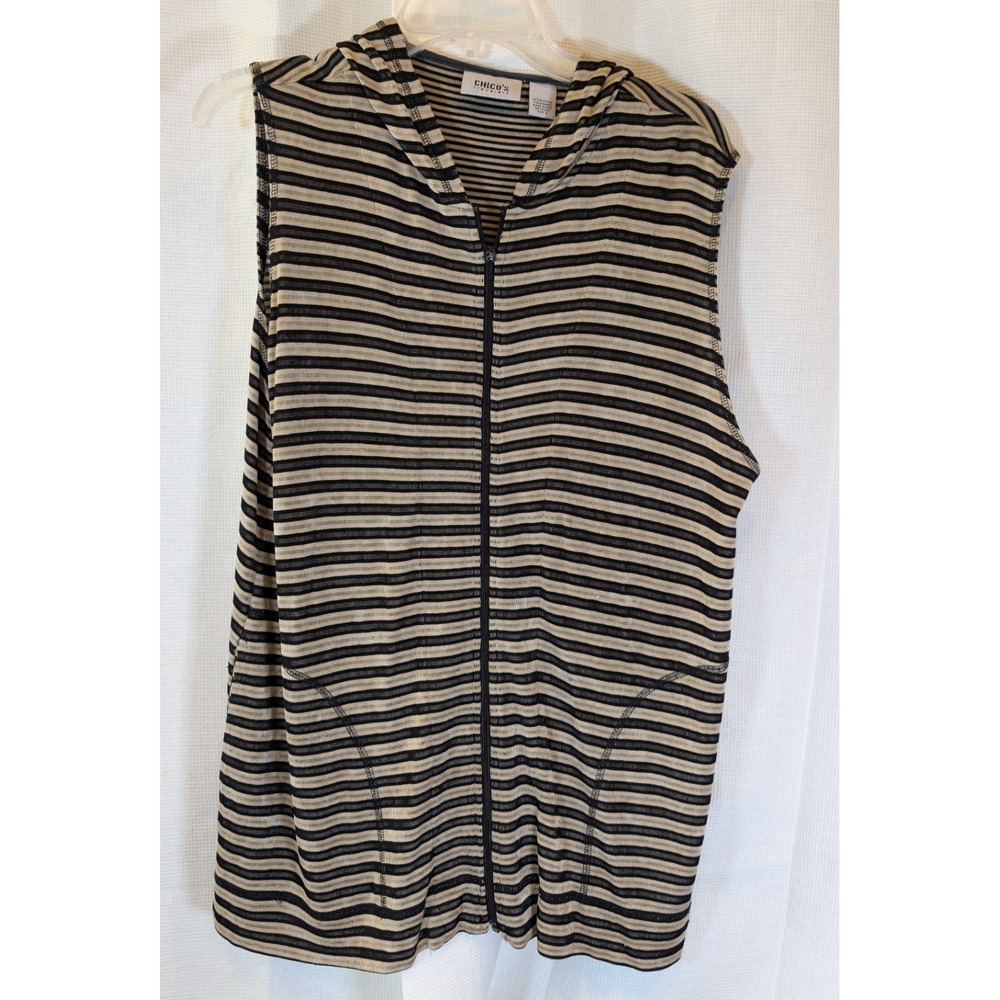 Chico's Travelers Size 3 XL Black Striped Sleeveless Zip Up Vest Slinky Knit